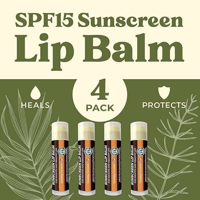 Earth's Daughter SPF Coconut Lip Balm 4-Pack Stocking Stuffers - Lip Sunscreen, SPF 15, Organic Ingredients, Beeswax, Coconut Oil, Vitamin E - Hypoallergenic, Paraben Free, Gluten Free, New