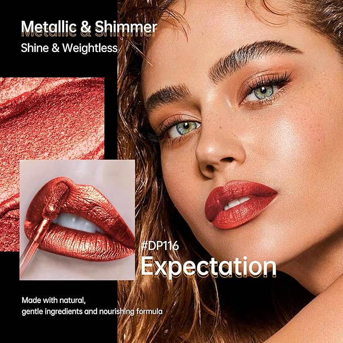 Red Lipsticks for Women Metallic Lipstick Long Lasting Non Stick Cup Lip Gloss, Shimmer Lightweight Hydrating Full Coverage Lip Color, DP116 Expectation