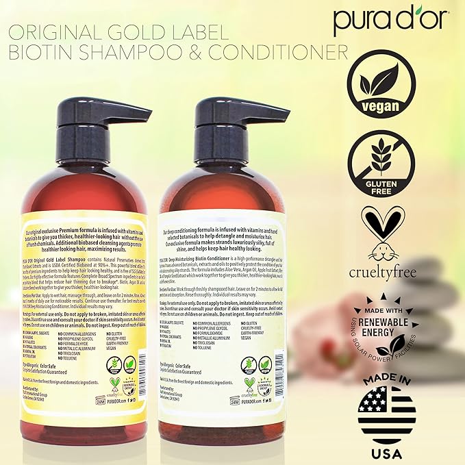 PURA D'OR Anti-Thinning Biotin Shampoo & Conditioner Original Gold Label Set (16oz x2) – CLINICALLY TESTED Formula for Volume, Strength & Thicker-Looking Hair – Helps Reduce Breakage For Women & Men