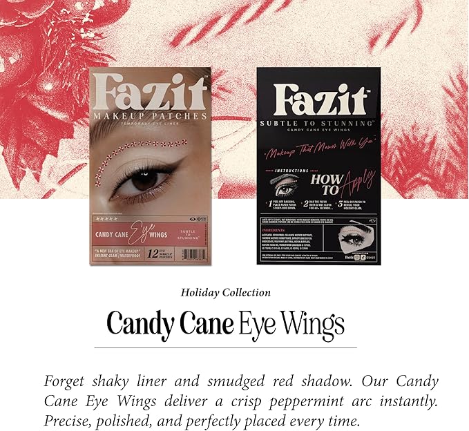 Fazit Makeup Patches - Candy Cane Eye Wings - Glow Up Make-Up Patches - Cute Glitter Makeup Accessories for Women - Cosmetic Glitter for Face