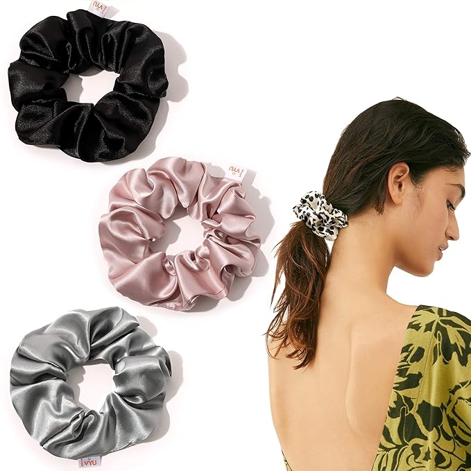Silk Hair Ties for Girls and Women: Chic Satin Scrunchies, Large and Cheetah Print, Soft Ponytail Holders for Thick and Curly Hair - No Creases, Gentle on Hair