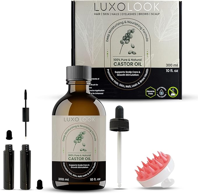 Pure Castor Oil - Cold Pressed 100% Castor Oil for Hair Growth, Skin, Eyebrows, Eye Lashes, Nails & Cuticles - Hexane Free, Natural & Unrefined - Includes Dual Mascara, Dropper & Scalp Massager