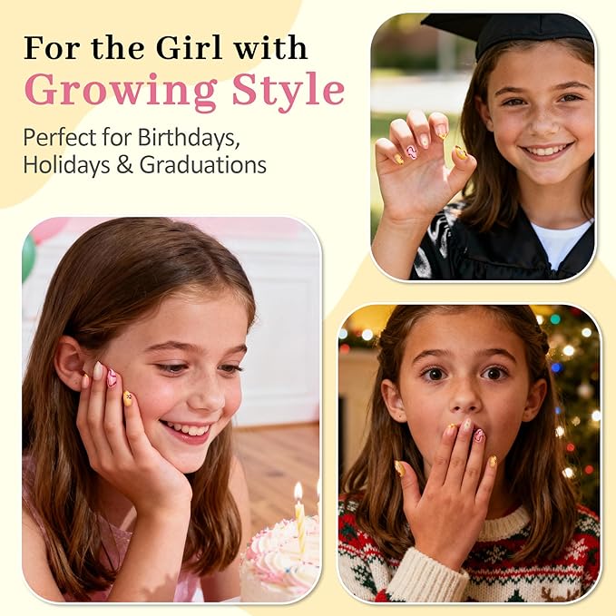 16 Sizes Press on Nails Kit for Kids - 32 Pieces French Almond Fake Nail Tips for Girls 8-12 Years Old with Jelly Nail Adhesives & No-Lamp Nail Glue, Birthday Christmas Gifts (Happy Smile)