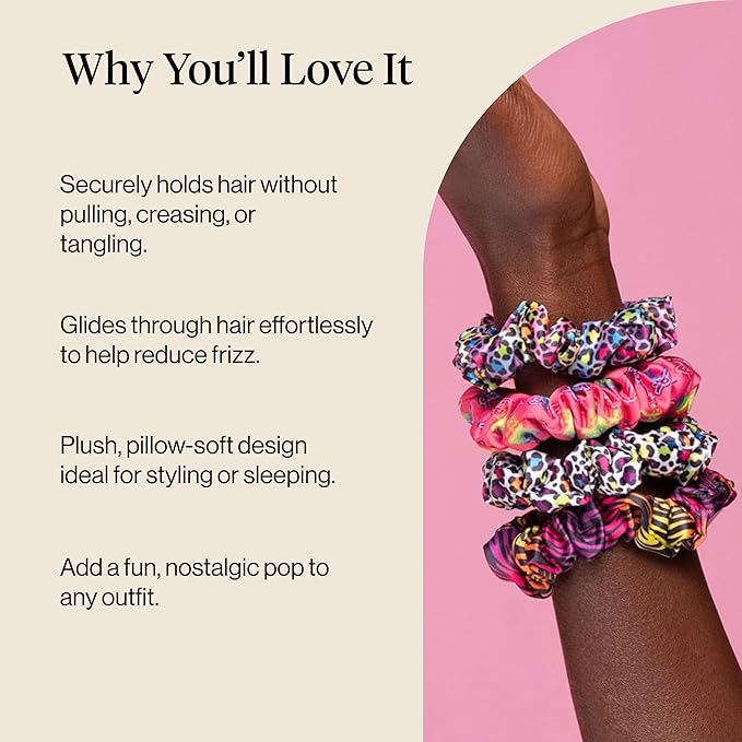Lisa Frank x Kitsch Ruched Satin Scrunchies for Women - Softer Than Silk Scrunchies | Hair Ties No Damage for Frizz-Free Sleep | Ideal Gifts for Women - Rainbow Leopard 4 pcs
