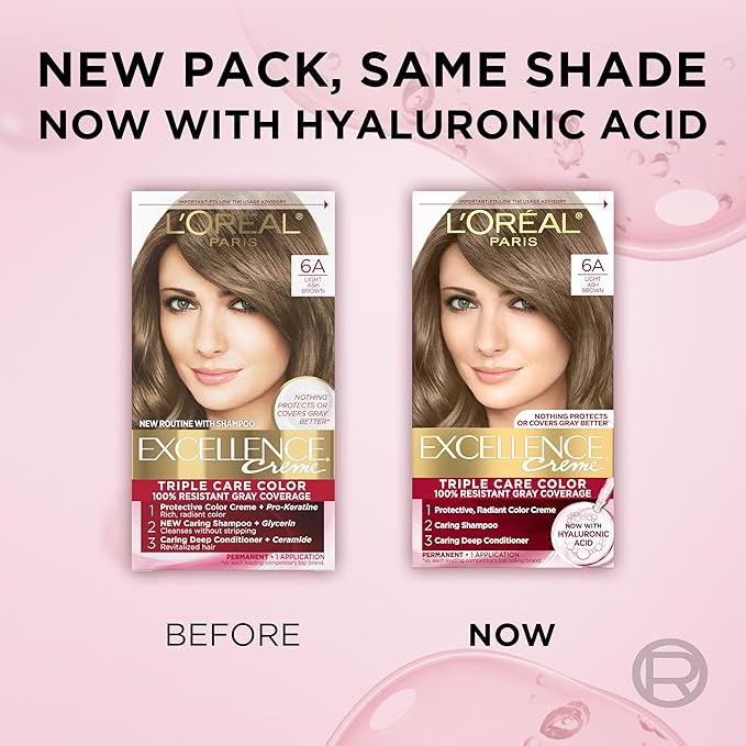 L'Oreal Paris Excellence Crème Permanent Hair Dye, Triple Care Hair Color with Pro-Keratine Complex for 100% Gray Hair Coverage, 6A Light Ash Brown, 1 Kit