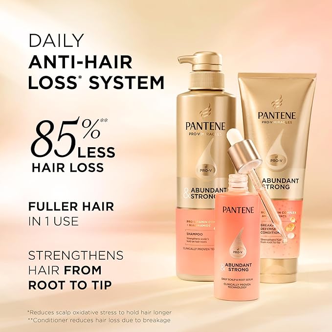 Pantene Abundant & Strong 3-Piece Regimen with B5 Complex + Niacinamide, Shampoo (13.5 oz), Conditioner (8 oz), Serum (2 oz) for Hair Loss, Thinning, Anti-Breakage, Volume - Grows Healthier