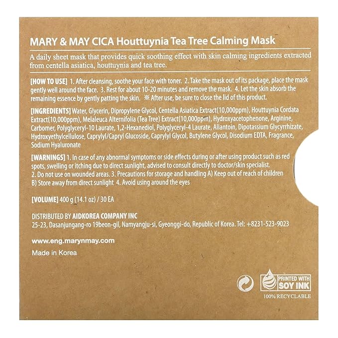 Mary&May CICA Houttuynia Tea Tree Calming Mask - Daily Pull Out Sheet Mask for Instant Soothing & Moisturizing - Korean Skincare, Hypoallergenic and Cruelty-Free, 30 Sheets