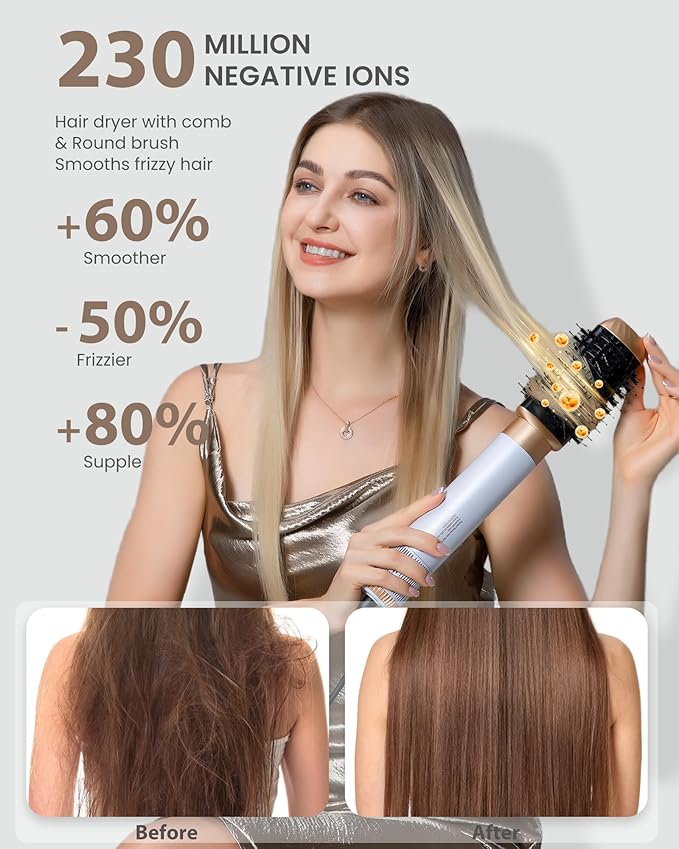 Ukliss Hair Dryer Brush 6 in 1, Hot Air Brush & Styler with ALCI Safety Plug, Ionic Blow Dryer Brush for Frizz Free Salon Blowout, Volumizing & Auto Curls, for Fine to Normal Hair,White