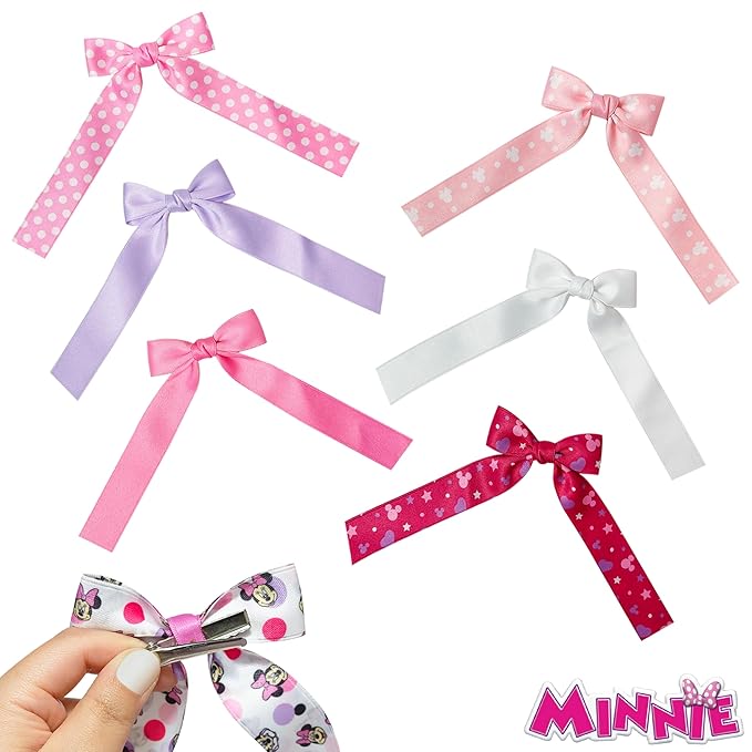 Disney Minnie Printed Long Tail Hair Bow Set for Girls – 7-Pack Printed Bows with Alligator Clips – Cute Hair Accessories for Kids Ages 3+