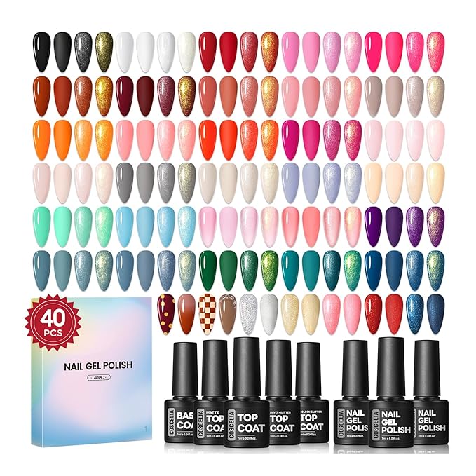 COSCELIA 40pcs Gel Nail Polish Set, 35 Colors Nail Gel polish with 5 Bottles Base and Top Coat White Brown Black Nude Red Orange Fall Winter Colors Nail Art Christmas Gifts for Women Girls