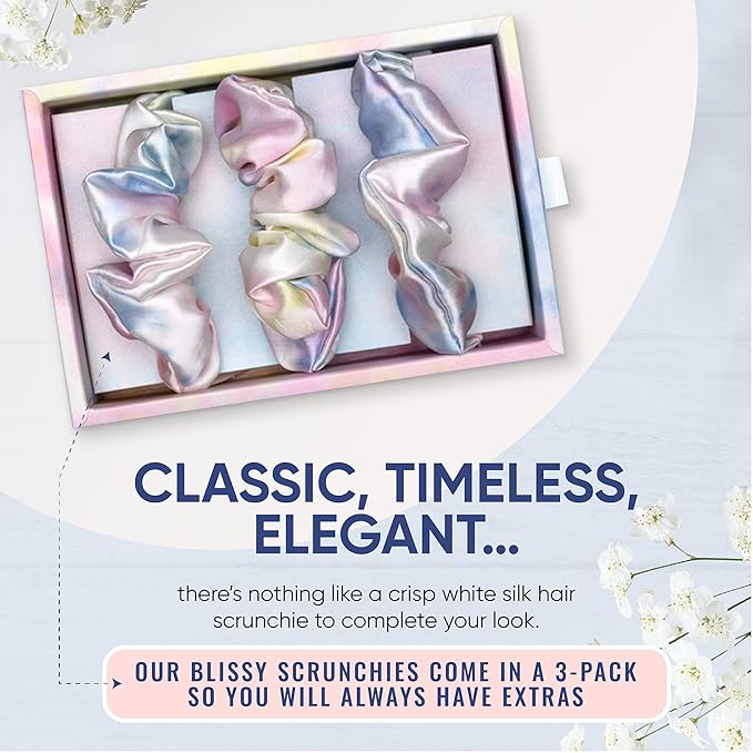 Blissy Silk Scrunchies (3 Pack) - 100% Pure Mulberry Silk - 22 Momme 6A High-Grade Fibers Scrunchie for Straight & Curly Hair - Preventing Breakage, Tangling, & Creasing (Tie Dye Skinny)
