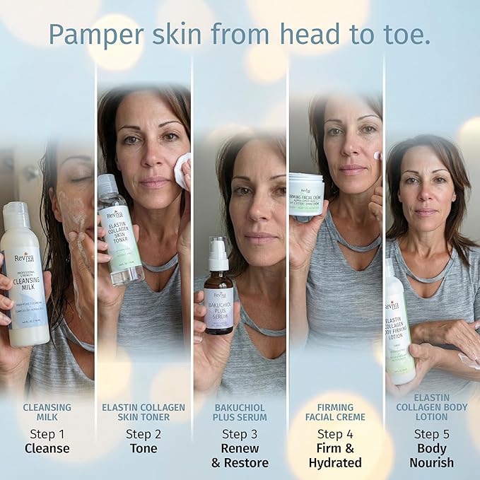Reviva Labs Spa at Home – 5-Piece Skincare Gift Set for Women – featuring Gentle Facial Cleanser, Toner, Plumping Serum, Firming Cream & Collagen Body Lotion for Winter Skin Care