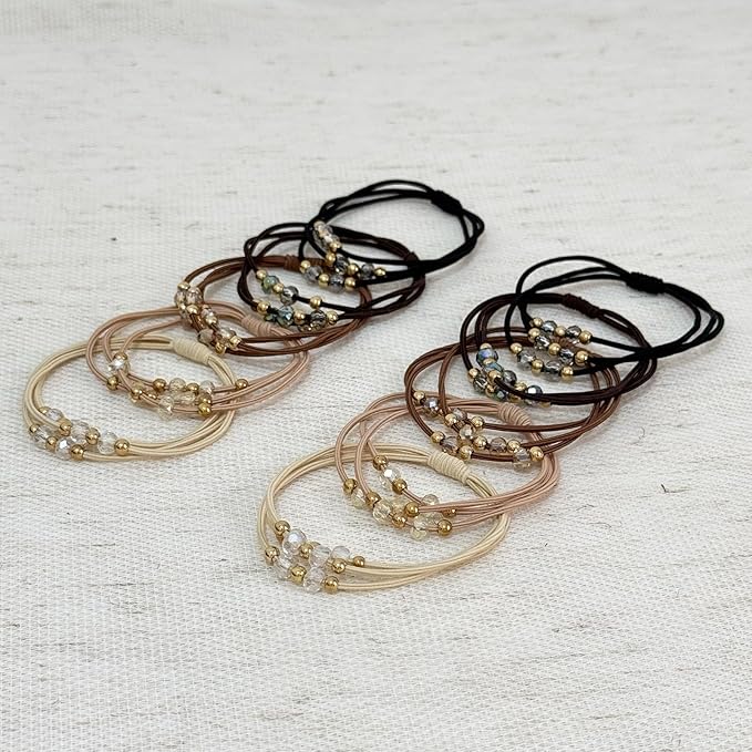 10pcs Brown Hair Ties with Gold & Crystal Beads, Thin Elastic Ponytail Holders for Women, No Damage, Stylish Hair Accessories