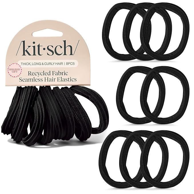 Kitsch Hair Ties No Damage - Strong, Stretchy Hair Bands | Soft Nylon Ponytail Holders, Snag-Free Rubber Bands, Perfect for Updos & Braids | Ideal Gifts for Women - Black, 8pcs