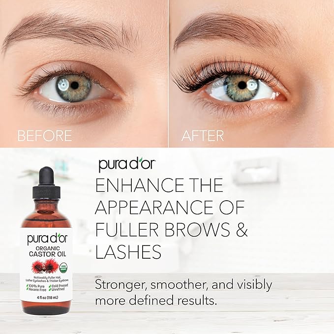 PURA D'OR 4 Oz Organic Castor Oil – Pure Cold-Pressed, Hexane-Free, USDA Certified – Lashes, Brows, Hair, Scalp, Skin – Botanical Moisturizer Supporting Softness, Strength, Hydration, Shine & Radiance