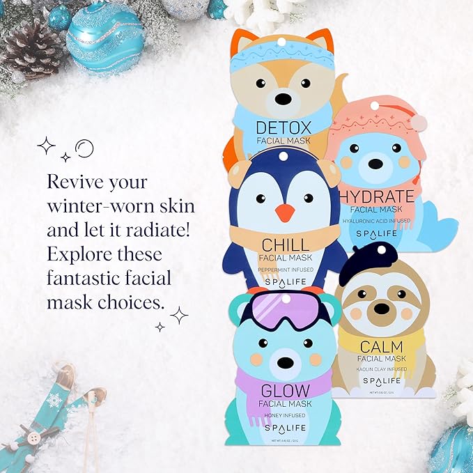 SpaLife Snow Buddies Facial Mask 10 Pack - Hydrating Character Sheet Masks for Women, Moisturizing Skincare Variety Set for Glowing Skin - Korean Facial Mask Spa Treatment with Natural Ingredients
