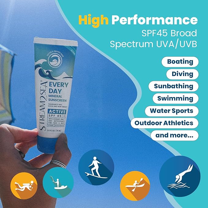 SPF 45 Every Day Active Mineral Sunscreen | 2.5 Fl Oz Biodegradable & Reef Safe Sunscreen for Face & Body | Non-Greasy, Lightweight & Sheer Mineral Protection Against UVA & UVB by Stream2Sea