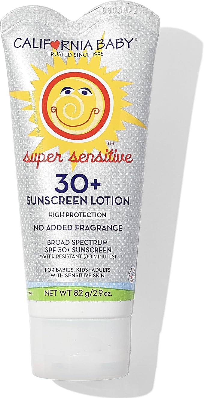 California Baby Super Sensitive SPF 30+ Sunscreen | Unscented | Mineral Based | Titanium Dioxide | Travel Size Baby Sunscreen for Face + Body | 2.9oz