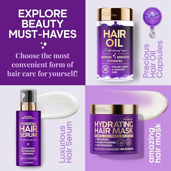 NUTRAHARMONY Hydrating Hair Serum – Keratin Hair Treatment for Dry, Frizzy, Damaged Hair – Biotin, Castor & Rosemary Oils – Anti‑Frizz, Heat Protectant & Split Ends Repair for Smooth, Shiny Hair, 5oz