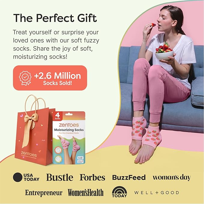 ZenToes Moisturizing Socks for Cracked Heel Treatment, Vitamin E, Olive Oil and Jojoba Oil Heel Socks, Stocking Stuffers for Women, Spa Self Care Gifts for Women (Pink Strawberries, Regular)