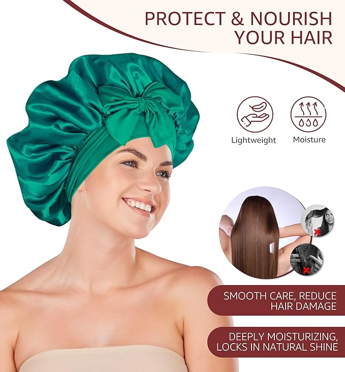 HiRui Silk Satin Bonnet for Sleeping Women, Double-Layer Sleep Cap Shower Cap with Adjustable Tie, Moisture Retaining Satin Lined Hair Bonnet for Curly and Natural Hair (Cyan/Black, Medium)