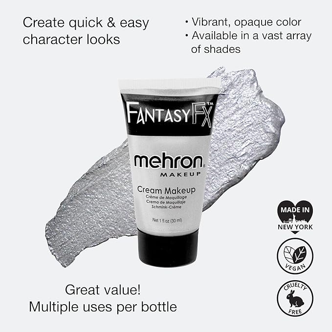 Mehron Makeup Fantasy FX Cream Makeup | Water Based | Halloween | Silver Face & Body Paint For Adults 1 fl oz (30ml) (Silver)