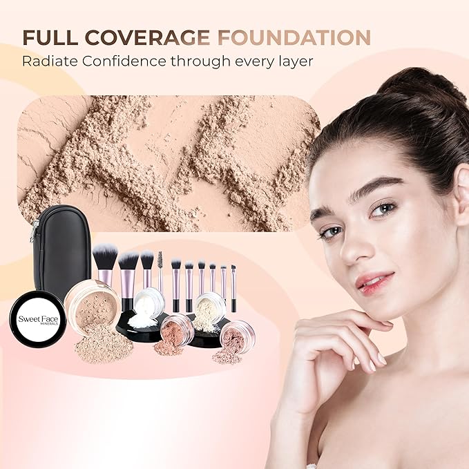 16pc Beginner Mineral Makeup STARTER KIT with 10 BRUSH SET (5gm) Sample Size Foundation, Primer, Blush, Bronzer, Setting Powder for Learning, Occasional Use,First Time Users, Travel Size Kit (Light)