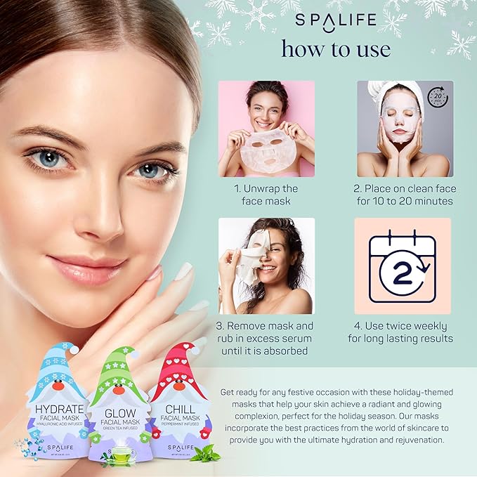 SpaLife Holiday Gnome Facial Masks 9 Pack | Sheet Masks for Skin Rejuvenation, Hydration and Moisturizing Variety Pack | Korean Skin Care Mask, Christmas Face Mask Set