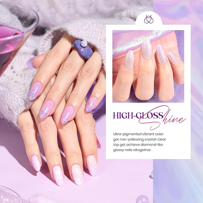 Beetles Purple Gel Polish Set - 6 Color Purple Shimmer Pearl Jelly Gel Polish with Nail Brush Soak Off LED Lamp Swirl Shell Thread Effect DIY Manicure Gifts for Mom