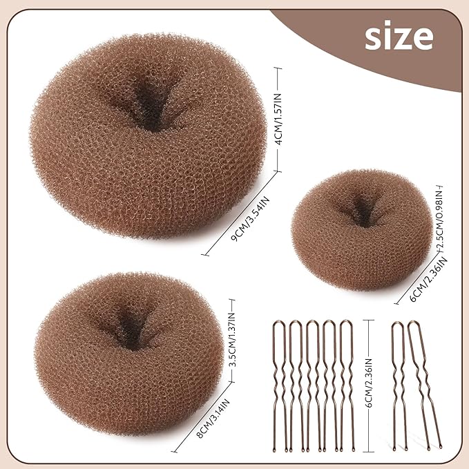 TsMADDTs Dount Bun Maker, 3PCS Light Brown Hair Bun Maker with 20PCS Bobby Pins for Ballet, Dance