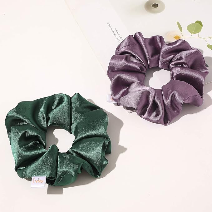 Silk Scrunchies for Girls and Women - Cute Hairties for Thick, Curl, or Fine Hair, No Crease Soft Hair Accessories, Ponytail Holders (Burgundy, Purple, Pink, Green)