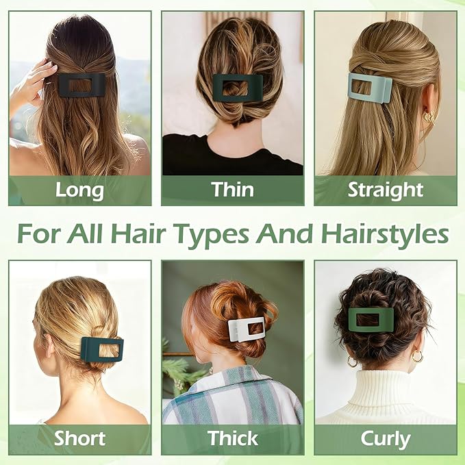 French Flat Hair Clips for Women 6pcs Hair Claw Clips for Thick or Thin Hair Matte Claw Clips for Girls Barrettes Non-Slip Strong Hold Hair Accessories for Women (Green)