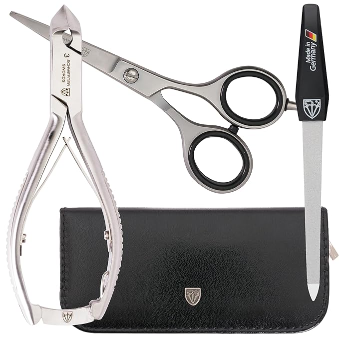 3 Swords Germany - brand quality professional TOE NAIL NIPPER and BEARD SCISSORS set STAINLESS STEEL INOX wave clipper, head cutter with case for ingrown toe nails pedicure by 3 Swords (219)
