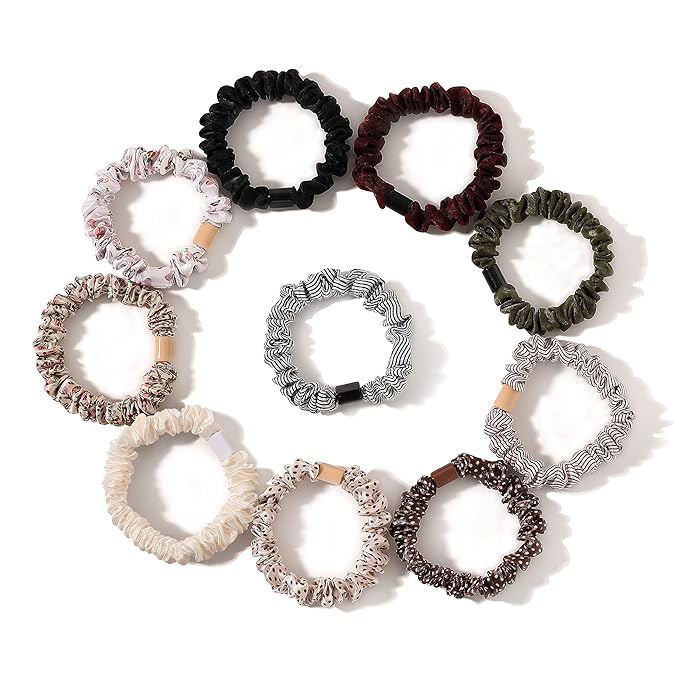 Hair Ties Silk Satin Scrunchies - Small Mini Thin Elestics Ponytail Holder Hair Bands Skinny Scrunchy For Thick Curl Hair No Crease Hair Ties Soft Accessories No Hurt Your Hair for Women and Girls
