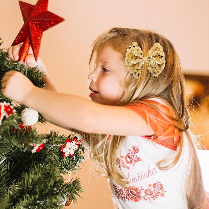 Velvet Sequin Hair Bows Elegant Gold Bow for Women Girls, 4in Glitter Handmade Hair Clips Alligator Clips Sparkly Ponytail Holder Hair Accessories for Christmas, Birthday Party, Wedding, Valentines