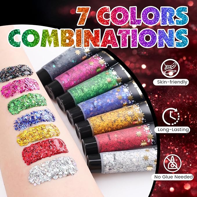 AROIC Face Glitter, 14Pcs Body & Hair Glitter Gel Sparkle Makeup for Women Party Rave Outfits, Concerts Festival Face Paint，Rave Accessories for Music Festivals Black Light Party (7 Colors)