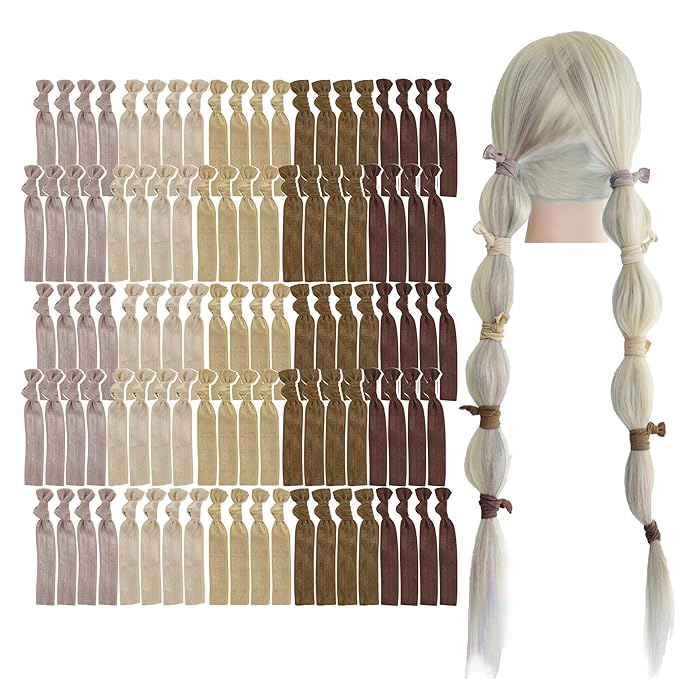 MEEDEE 100 Pack Neutral Tone Hair Ties For Women No Crease Soft Elastic Ribbon No Damage Neutral Tone Hair Ties Knotted Ouchless Hair Ribbon Yoga Hair Ribbons Elastic Bracelets