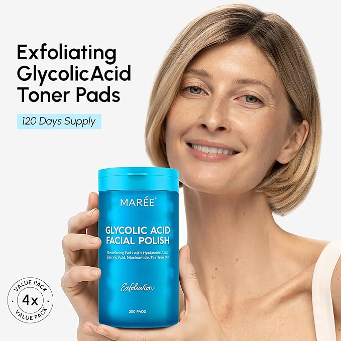 MAREE Glycolic Acid Pads – 200 Toner Pads for Face Cleansing – Facial Exfoliating Pad with Tea Tree Oil, Salicylic Acid & Vitamins E, B3, B5 – Acne Clearing Face Pad, Skin Pore Resurfacing & Radiance