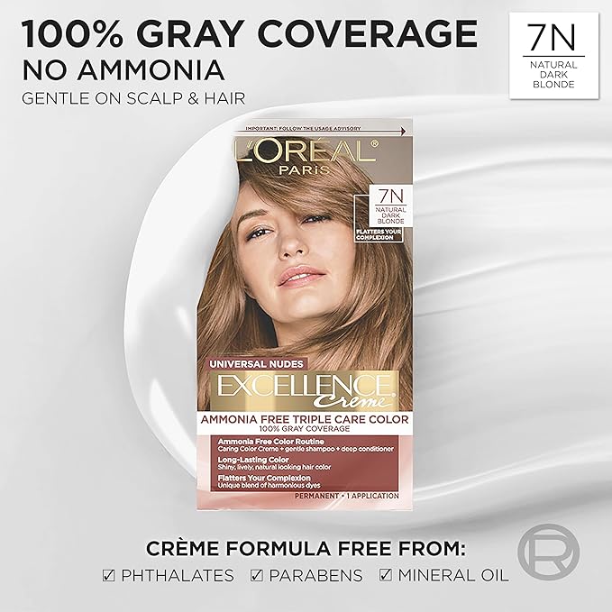 L’Oreal Paris Excellence Universal Nudes Permanent Hair Color, Ammonia Free Hair Dye for Gray Hair Coverage, 7N Natural Dark Blonde, 1 Hair Dye Kit