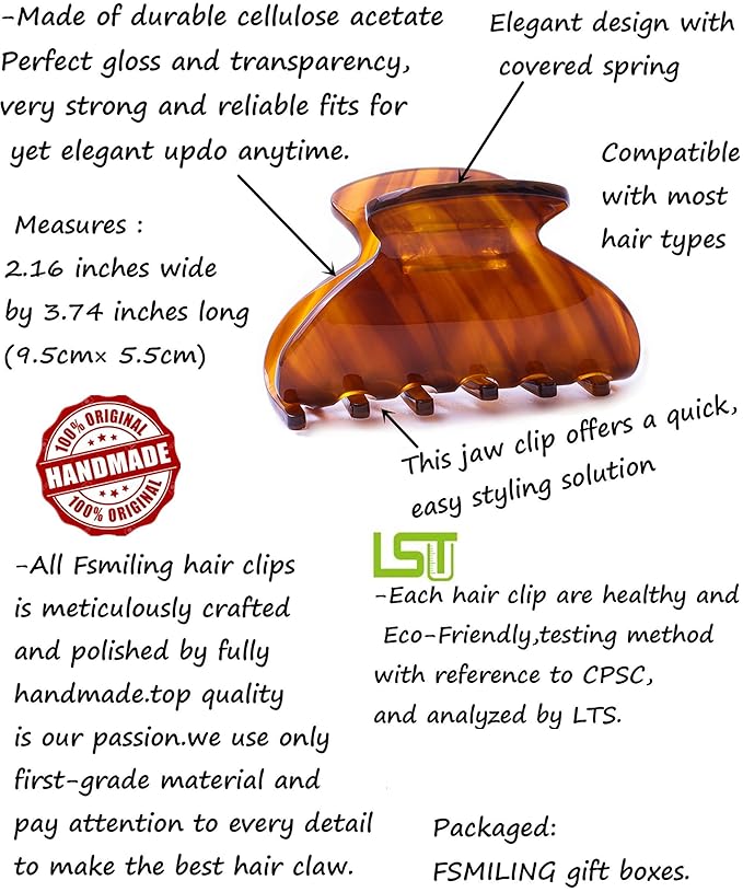 Womens Hair Clips Medium Claw Clips Tortoise Hair Jaw Clips Celluloid Hair Claw Clamps Acetate Hair Clip 3 Pack,Tortoise Shell/Tokyo/Brown