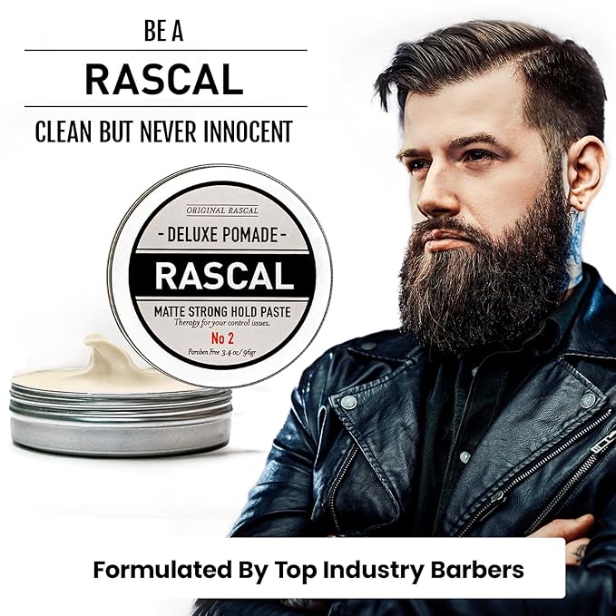 Original Rascal Deluxe Pomade for Men #2 - Matte Hair Paste with Strong Hold & Light Shine - Men's Styling Solutions Products for All Hair Types - Natural Infused with Beeswax & Lanolin Wax