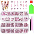 1620 Pcs Nail Art Rhinestones Pink Nail Charms Glass Nail Gems, Wsimily Crystal Flatback Shiny Mixed Nail Rhinestones Beads for DIY Manicure Craft with Tweezer Storage Box Picker Pencil
