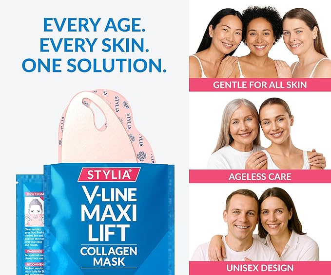 Stylia MaxiLift V-Line Lifting Collagen Face Mask - Advanced Double Chin Reducer - Jawline Shaper - Neck Firming and Tightening Mask with Hyaluronic Acid & Aloe Vera - Chin Strap for Sleeping (10PC)