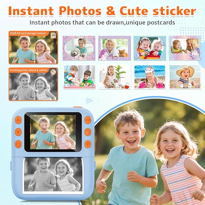 Instant Print Camera for Kids, Christmas Birthday Gifts for Girls Boys, 1080P Instant Digital Print Cameras for Toddler,Portable Toy for 4 5 6 7 8 9 10 Year Old Girl with 32GB SD Card，Light Blue