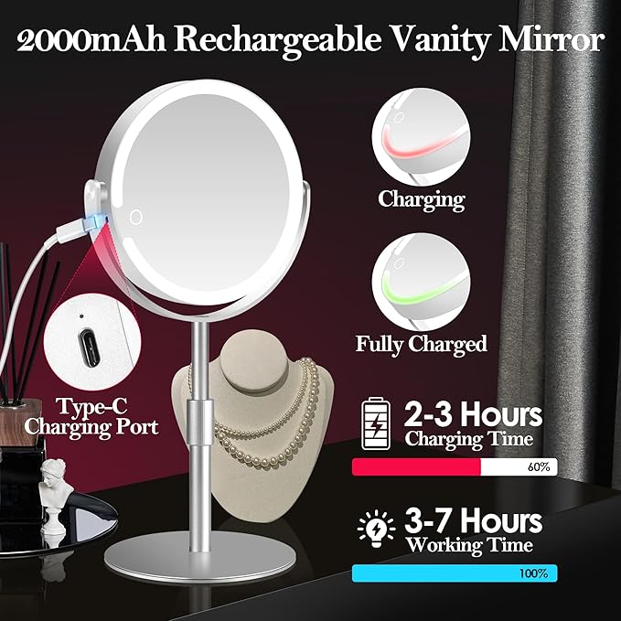 20X Magnifying Mirror with Light, Height Adjustable 2000mAh Makeup Mirror with Light, 3 Color Lights for Tabletop/Travel. Detachable Travel Makeup Mirror, Vanity Mirror for Bathroom, Silver