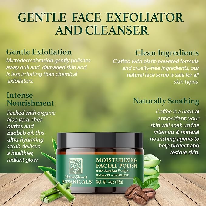 Moisturizing Facial Polish, Gentle Face Scrub, 2-in-1 Facial Scrub, Hydrating & Exfoliating Face Scrub, Facial Exfoliator w/Bamboo & Coffee, 4 oz