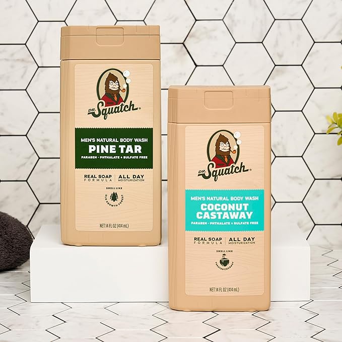 Dr. Squatch NEW Body Wash for Men with Nourishing, Natural Ingredients | No Paraben, Phthalate, Sulfate | All Day Moisture | Long Lasting Scent | Pine Tar & Coconut Castaway (14 oz, 2-Pack)