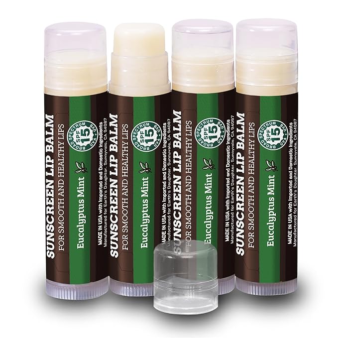 Earth's Daughter SPF Lip Balm Eucalyptus Mint Stocking Stuffers 4-Pack - Lip Sunscreen, SPF 15, Organic Ingredients, Beeswax, Coconut Oil, Vitamin E - Hypoallergenic, Gluten Free