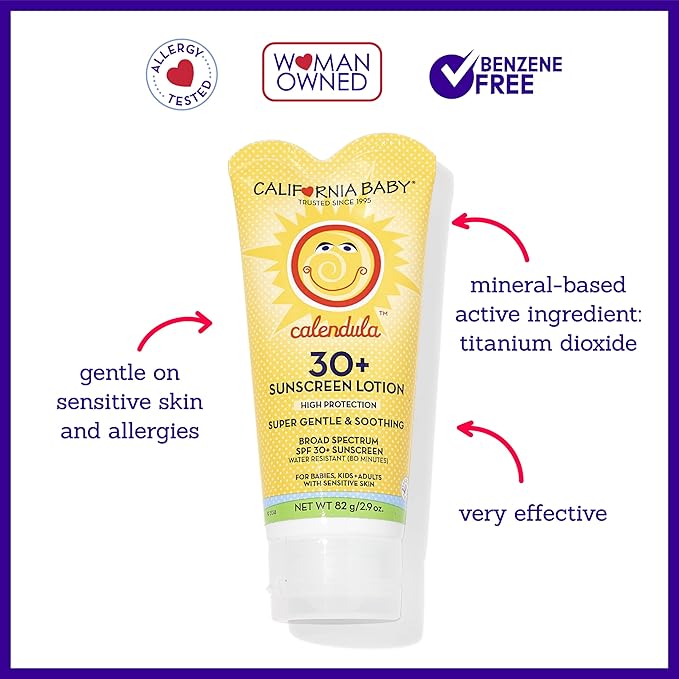 California Baby Calendula SPF 30+ Sunscreen | Mineral Based | Titanium Dioxide | Travel Size Baby Sunscreen for Face + Body | Lavender Scent | 2.9oz