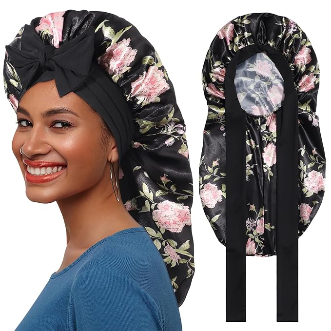 AWAYTR Long Satin Bonnet for Braids - Elastic Silk Hair Bonnets for Sleeping Night Cap Stretchy Tie Band for Women(Wild Rose)